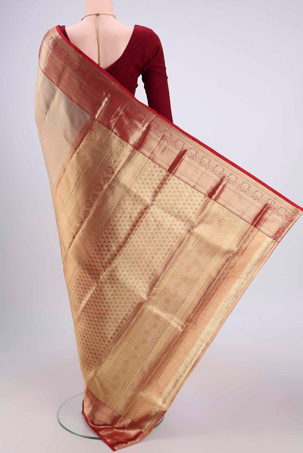 Flat view of Gold with maroom Dual Tone Kanjivaram Silk Saree with Zari Brocade on the body and Zari Border. 