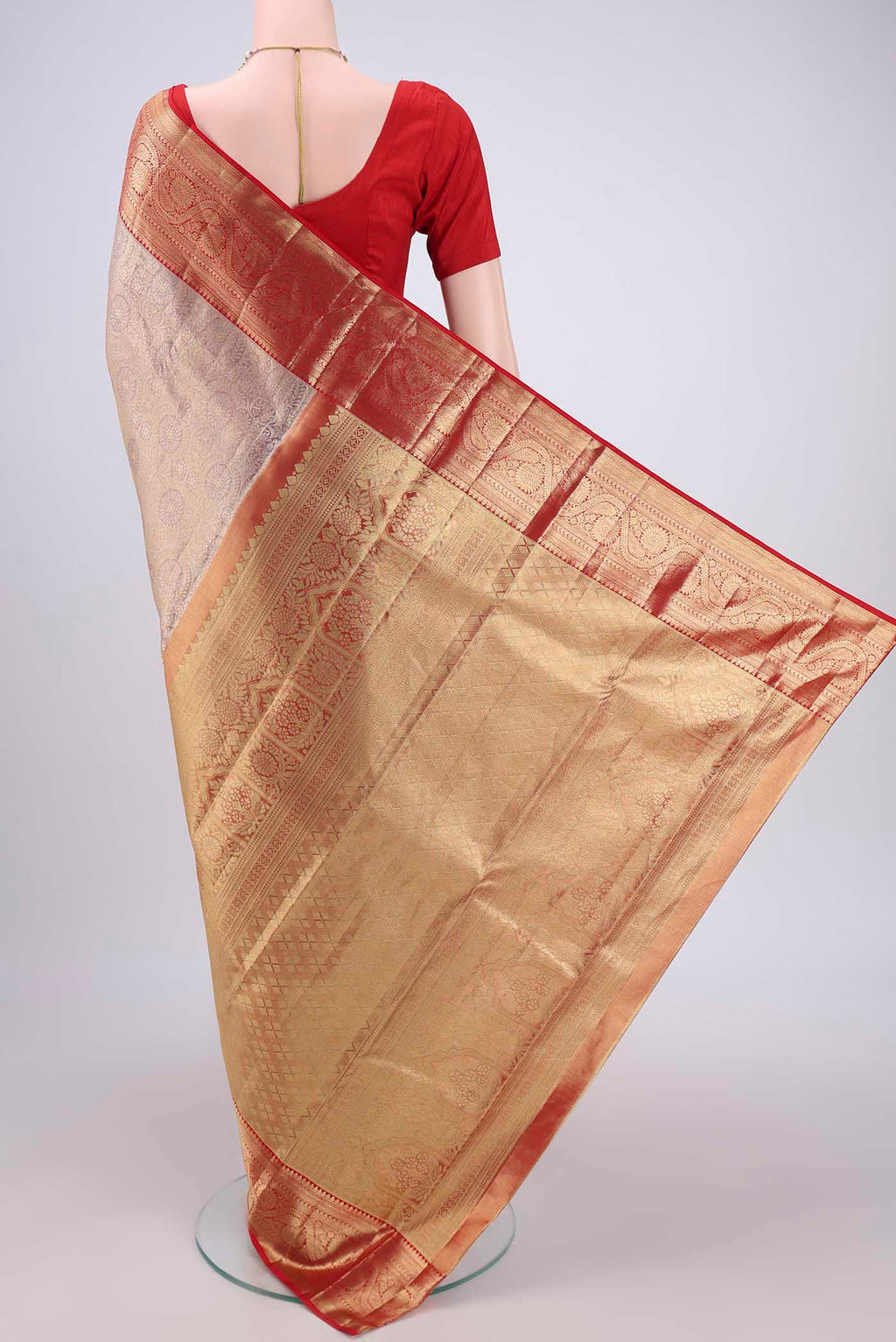 Flat view of Gold with maroom Dual Tone Kanchipuram Silk Saree with Zari Brocade on the body and Zari Border. 