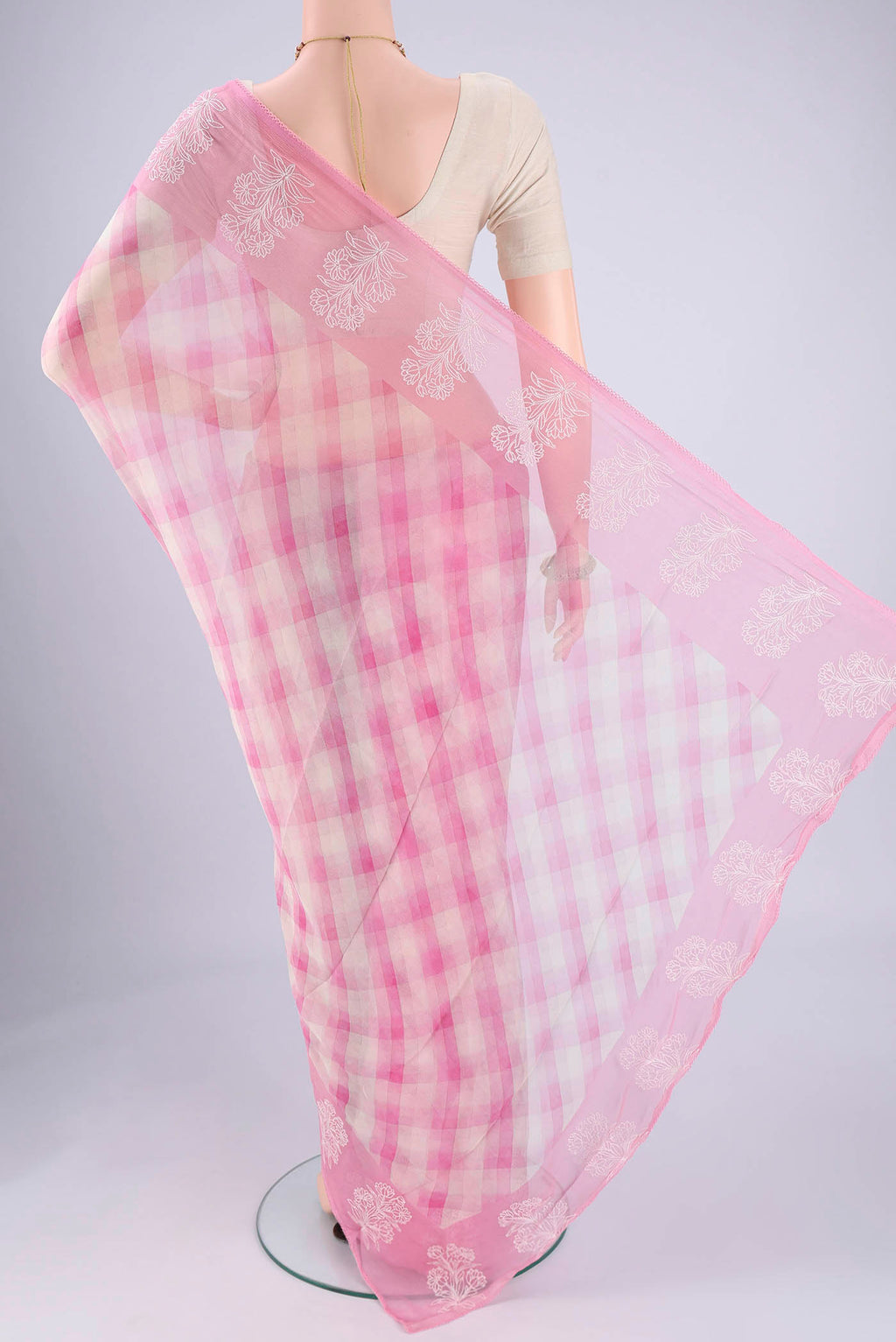 Flat view of Rose pink Mysore Chiffon Saree with Checked design on the body and Thread Border. 