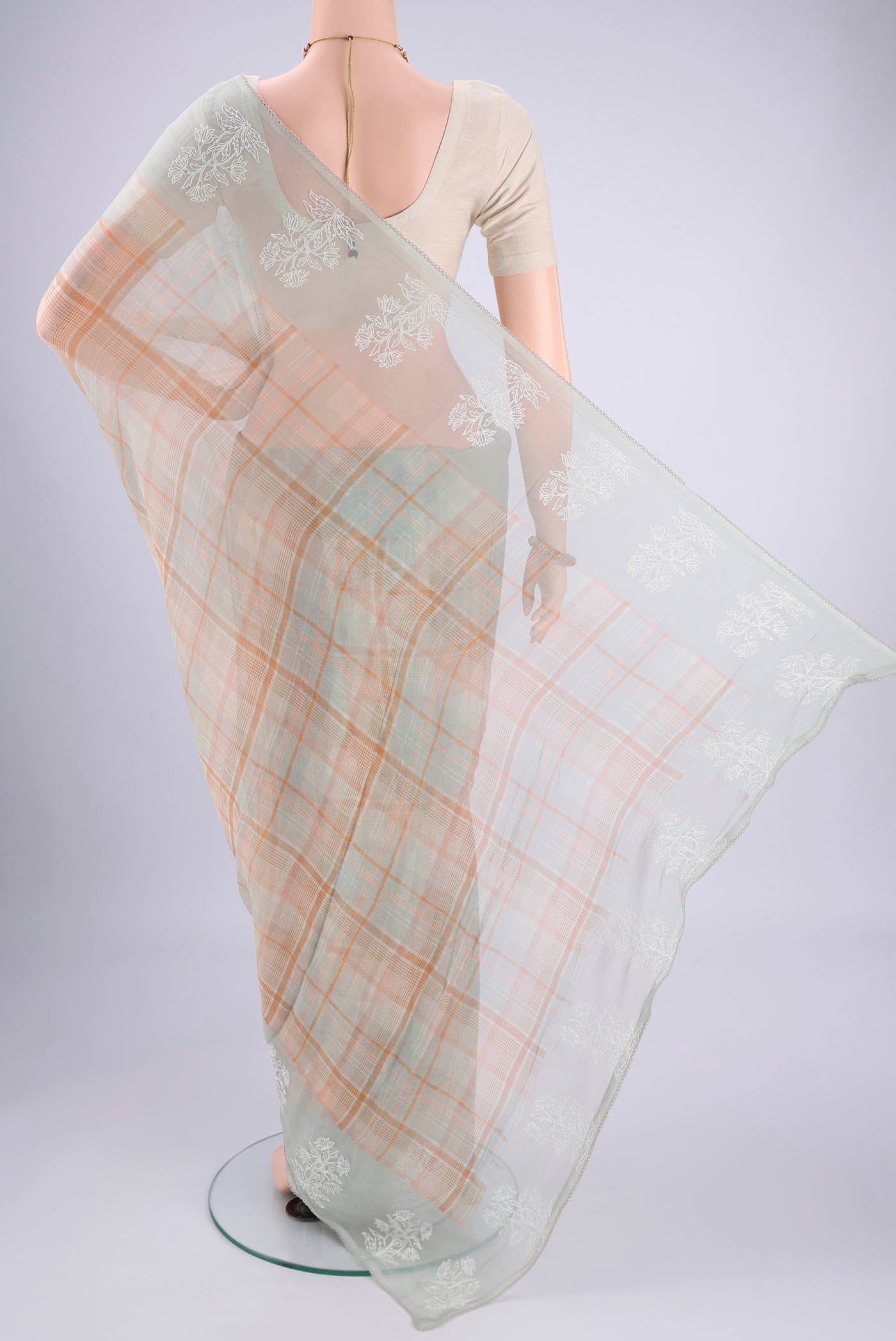 Flat view of Sage Green Mysore Chiffon Saree with Checked design on the body and Thread Border. 