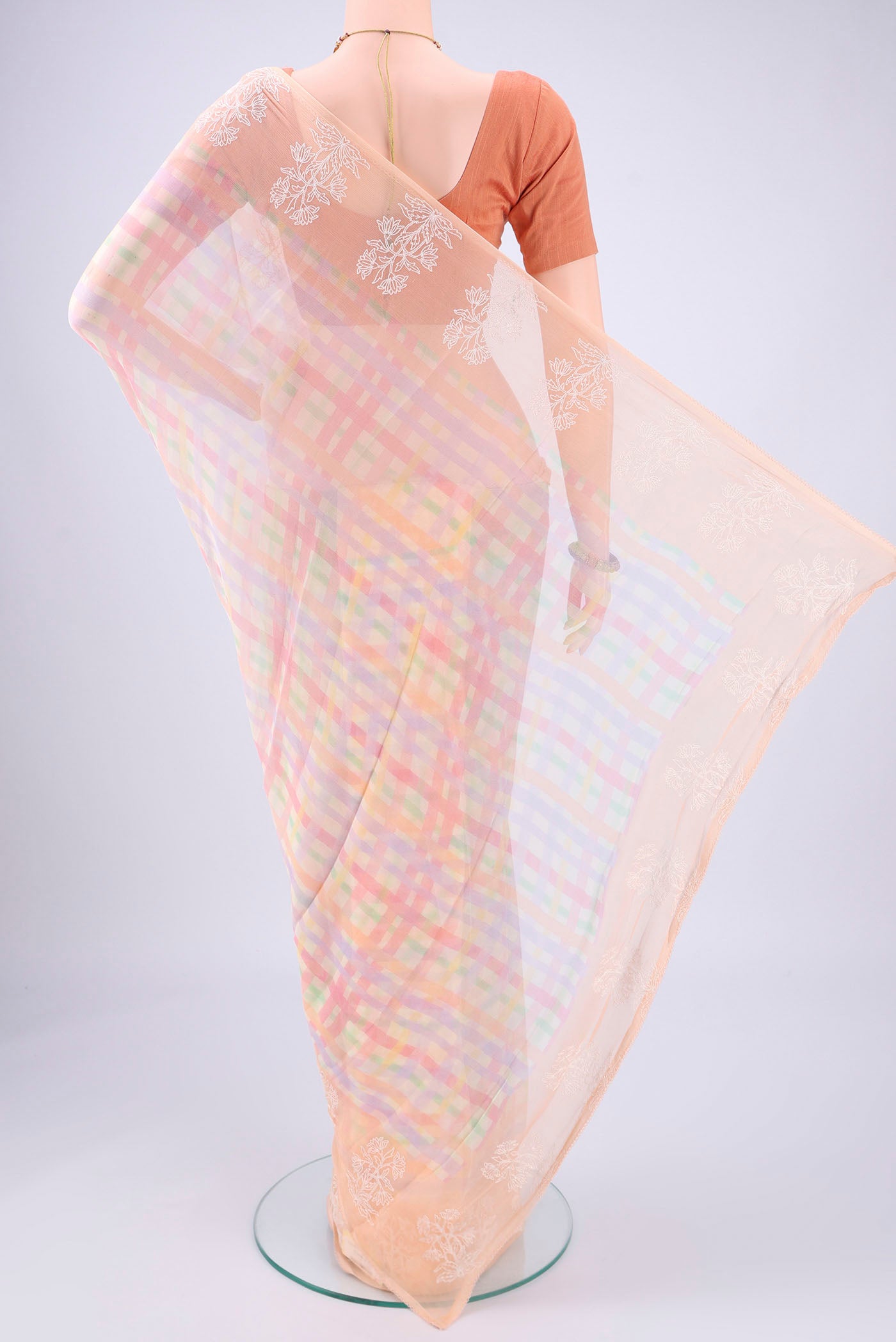 Flat view of Multi Color Mysore Chiffon Saree with Checked design on the body and Thread Border. 