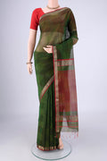 Mehandi Green Maheshwari Silk Cotton Saree with Plain Body and Zari Border.  displayed on a mannequin