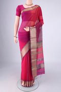 Multi Color Maheshwari Silk Cotton Saree with Plain Body and Zari Border.  displayed on a mannequin