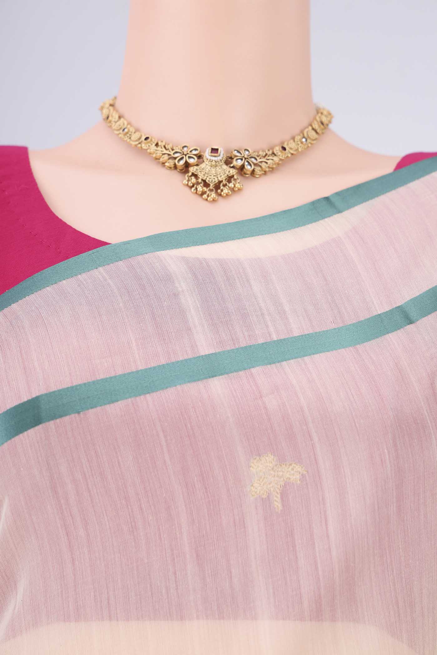Border image of Off White Chanderi Silk Cotton Saree with Zari Butta on the body and Ganga Jamuna Border. 