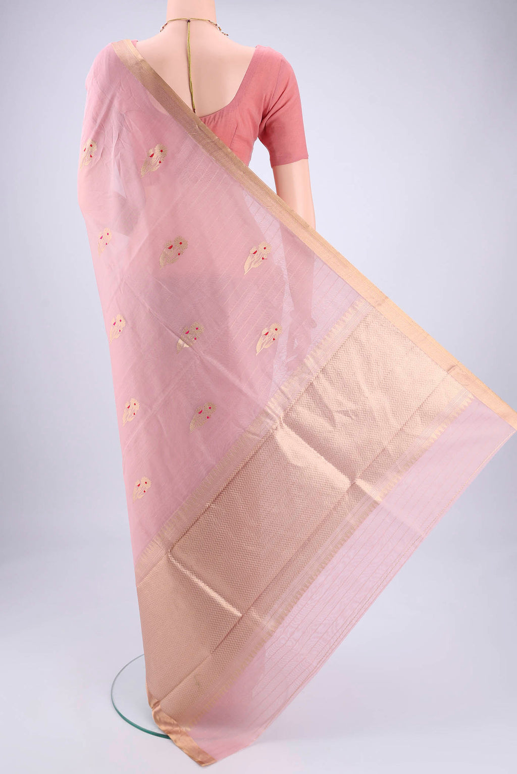 Flat view of Pink Chanderi Silk Cotton Saree with Zari Butta on the body and Zari Border. 