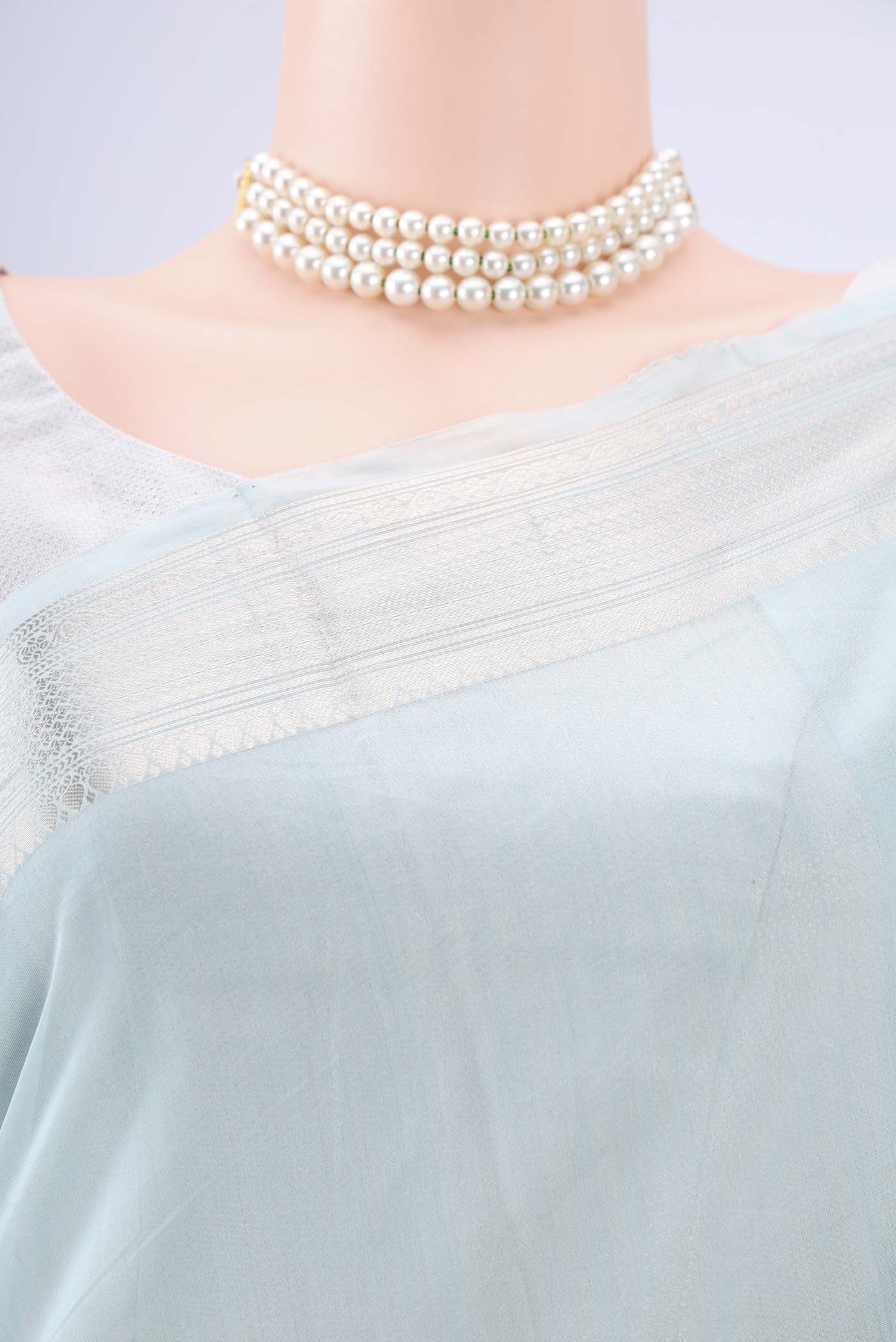 Border image of Sky Blue Chanderi Silk Cotton Saree with Zari Butta on the body and Zari Border. 