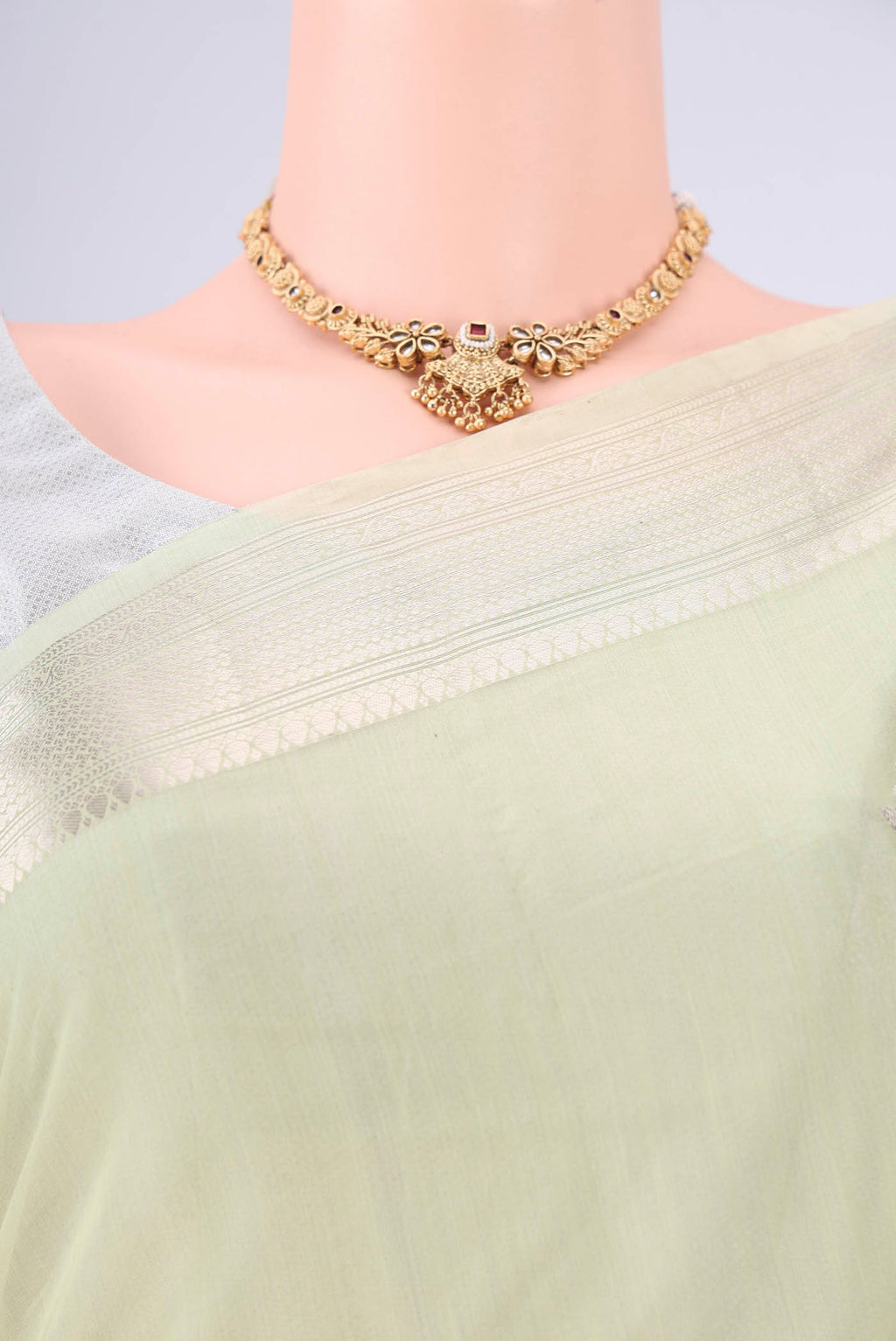 Border image of Mint Green Chanderi Silk Cotton Saree with Zari Butta on the body and Zari Border. 