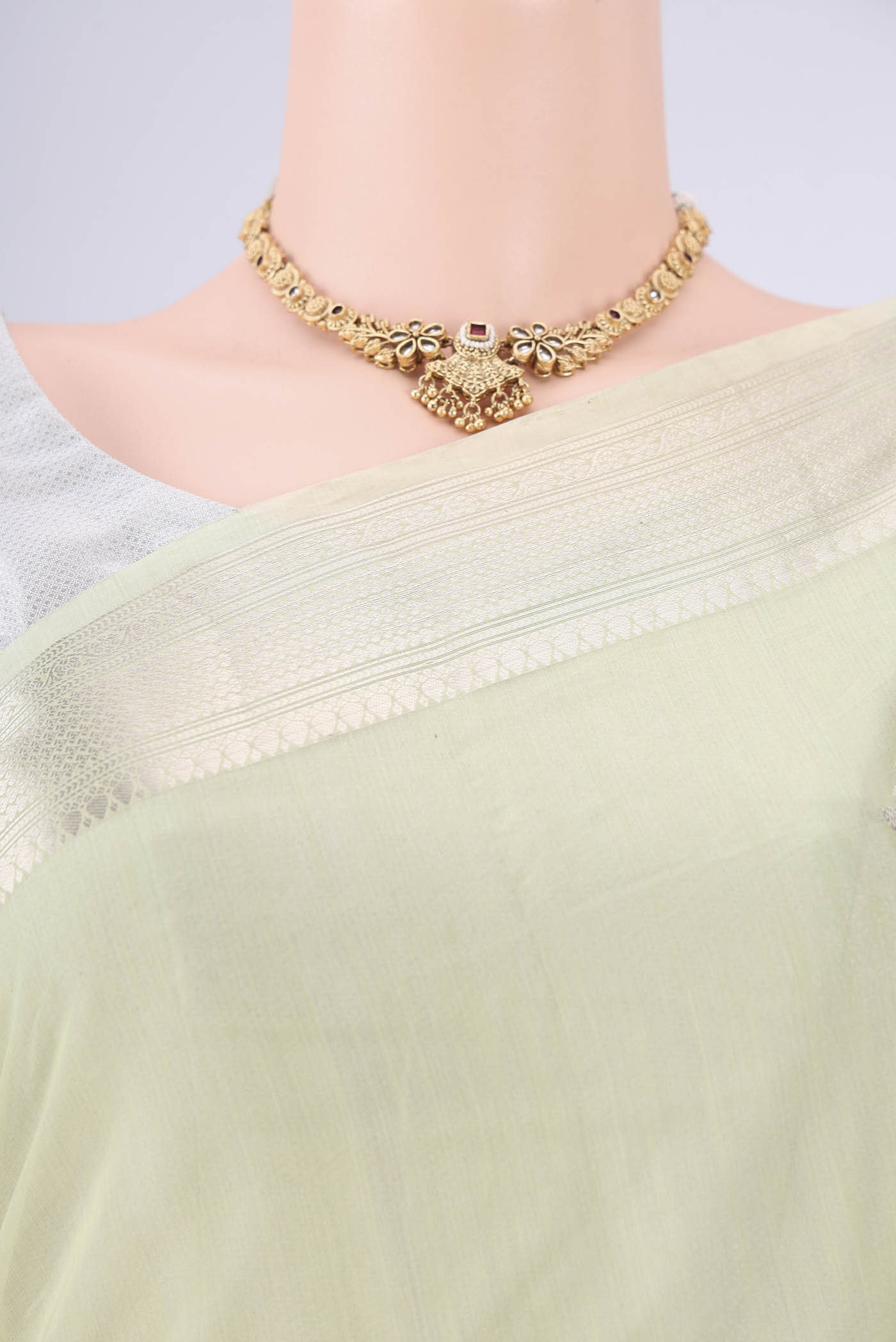 Border image of Mint Green Chanderi Silk Cotton Saree with Zari Butta on the body and Zari Border. 
