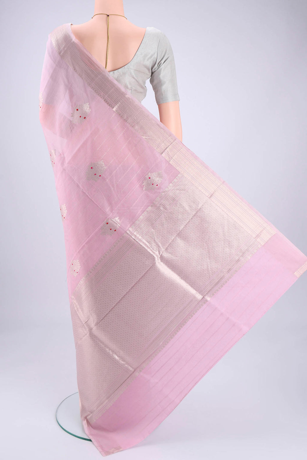 Flat view of Rose pink Chanderi Silk Cotton Saree with Zari Butta on the body and Zari Border. 