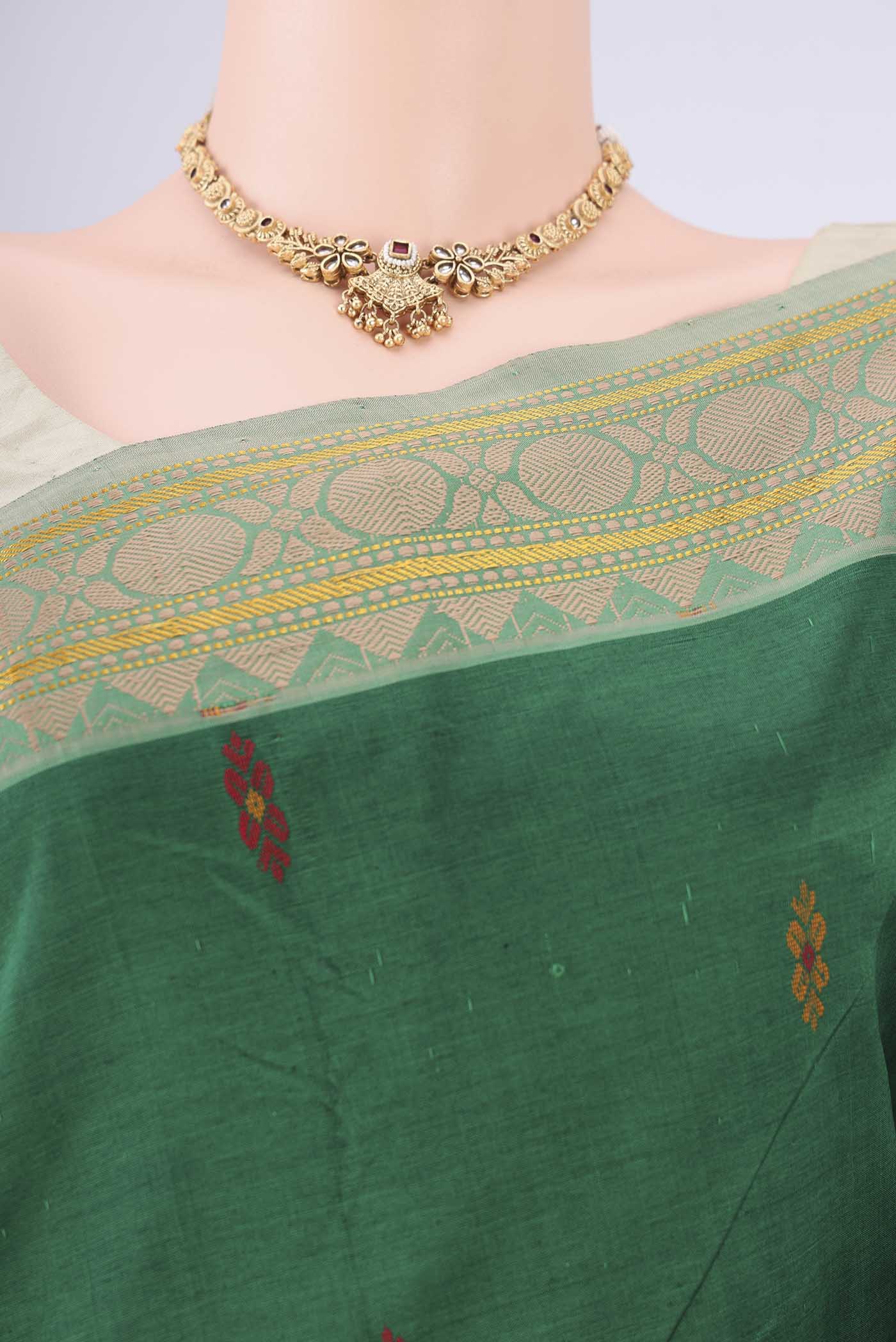 Border image of Bottle Green Blended Poly Cotton Saree with Thread Butta on the body and Thread Border. 