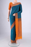 Blue Blended Poly Cotton Saree with Stripes on the body and Thread Border.  displayed on a mannequin