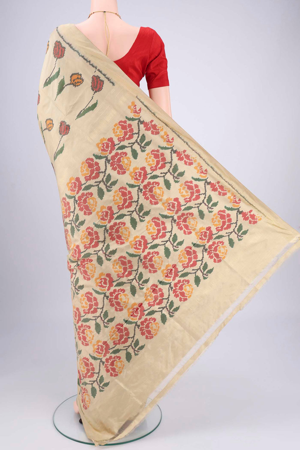 Flat view of Dark Blue Pochampally Silk Saree with Pure Ikat on the body and Zari Border. 