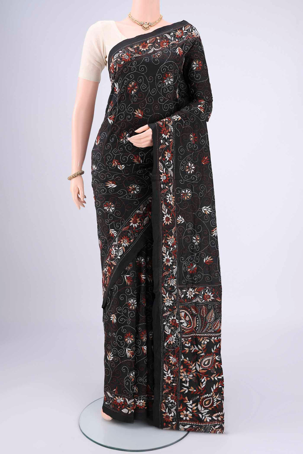 Black Kantha Silk Saree with Kantha Work on the body and Thread Border.  displayed on a mannequin