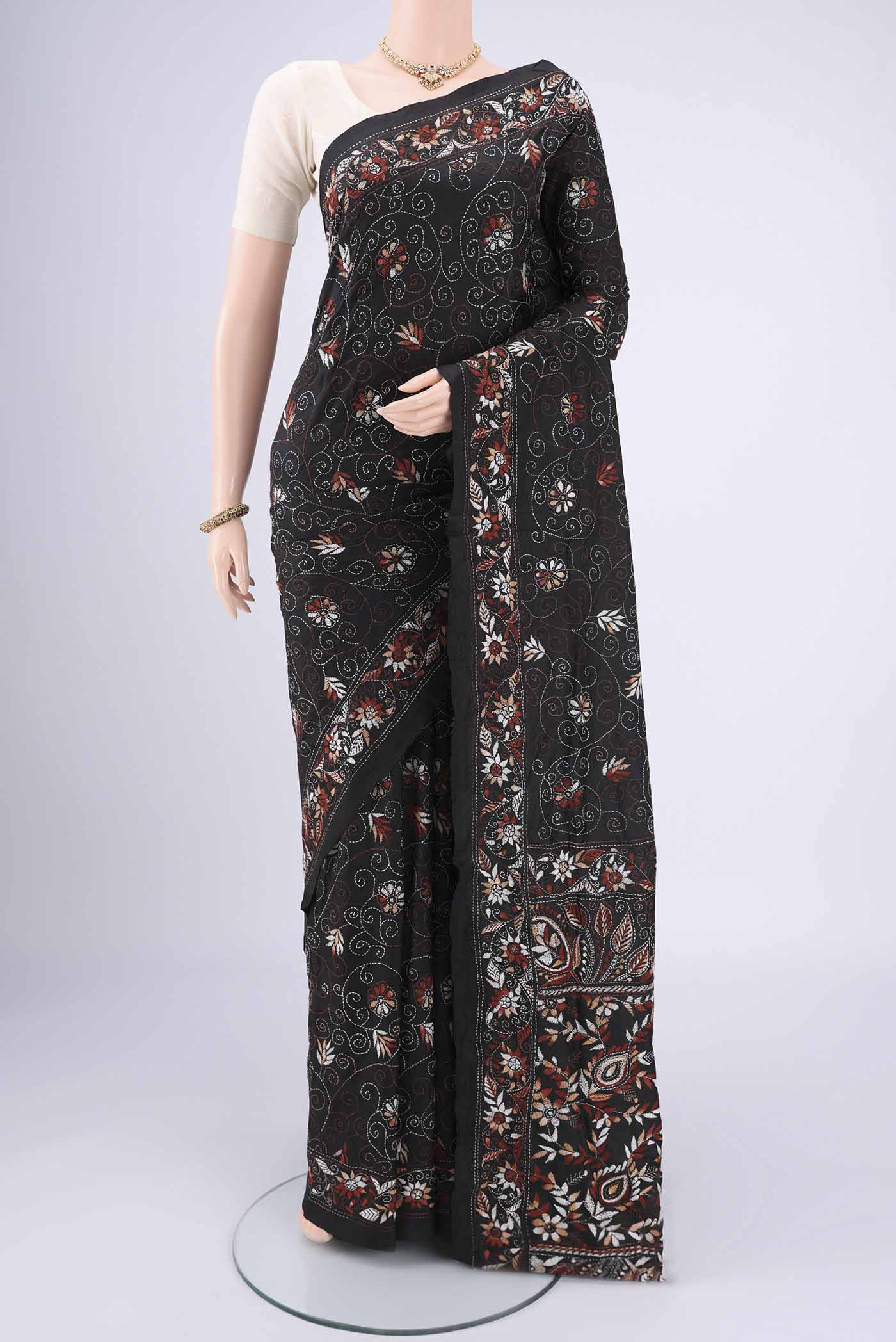 Black Kantha Silk Saree with Kantha Work on the body and Thread Border.  displayed on a mannequin