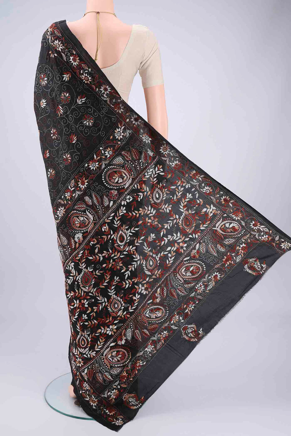 Flat view of Black Kantha Silk Saree with Kantha Work on the body and Thread Border. 