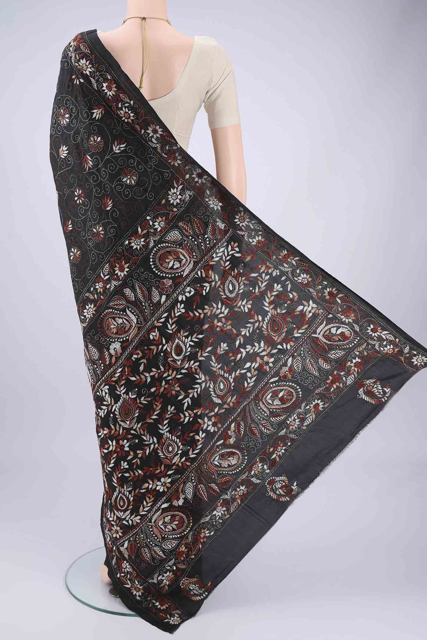 Flat view of Black Kantha Silk Saree with Kantha Work on the body and Thread Border. 