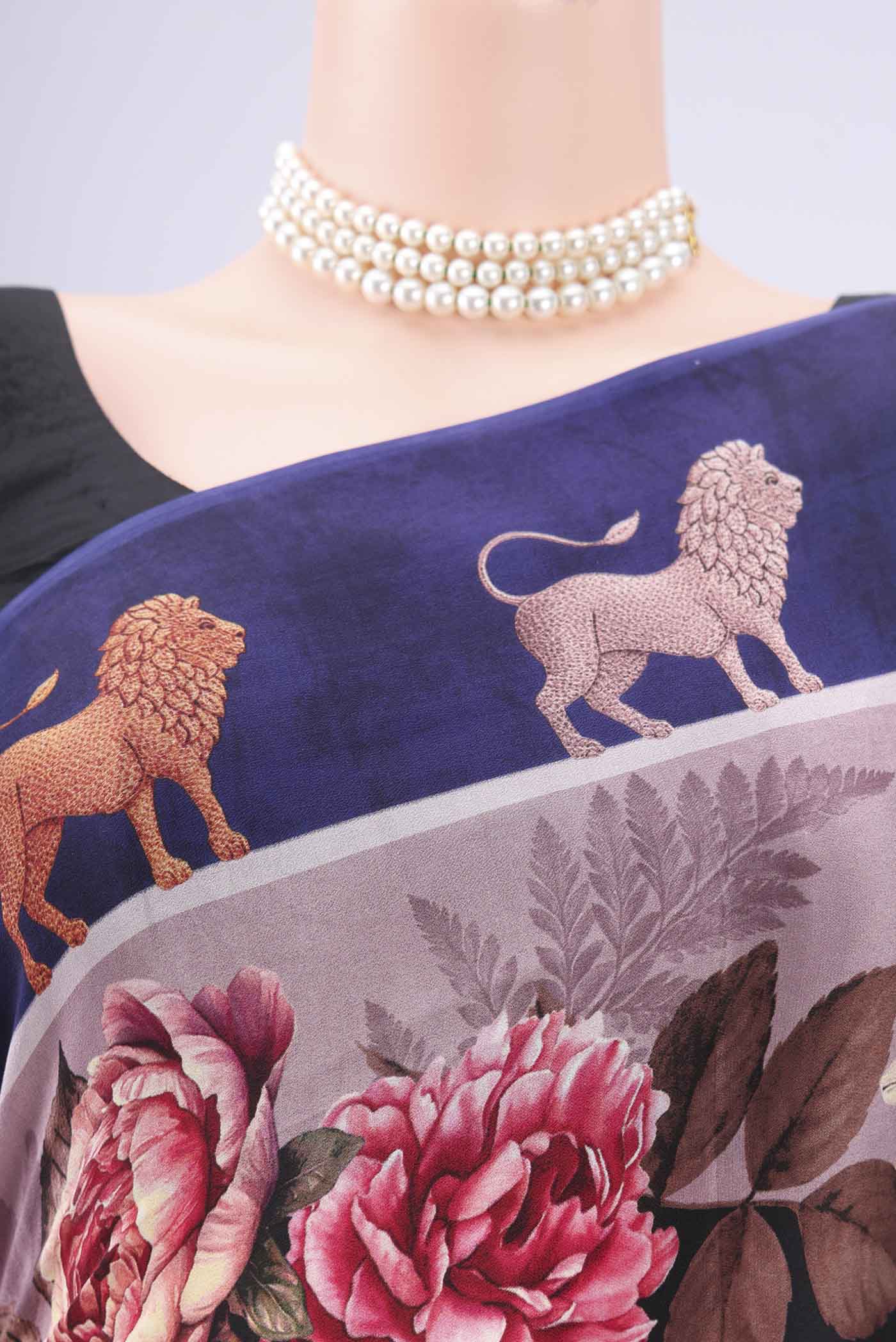 Border image of Black Mysore Crepe Saree with Floral Print on the body and Zari Border. 