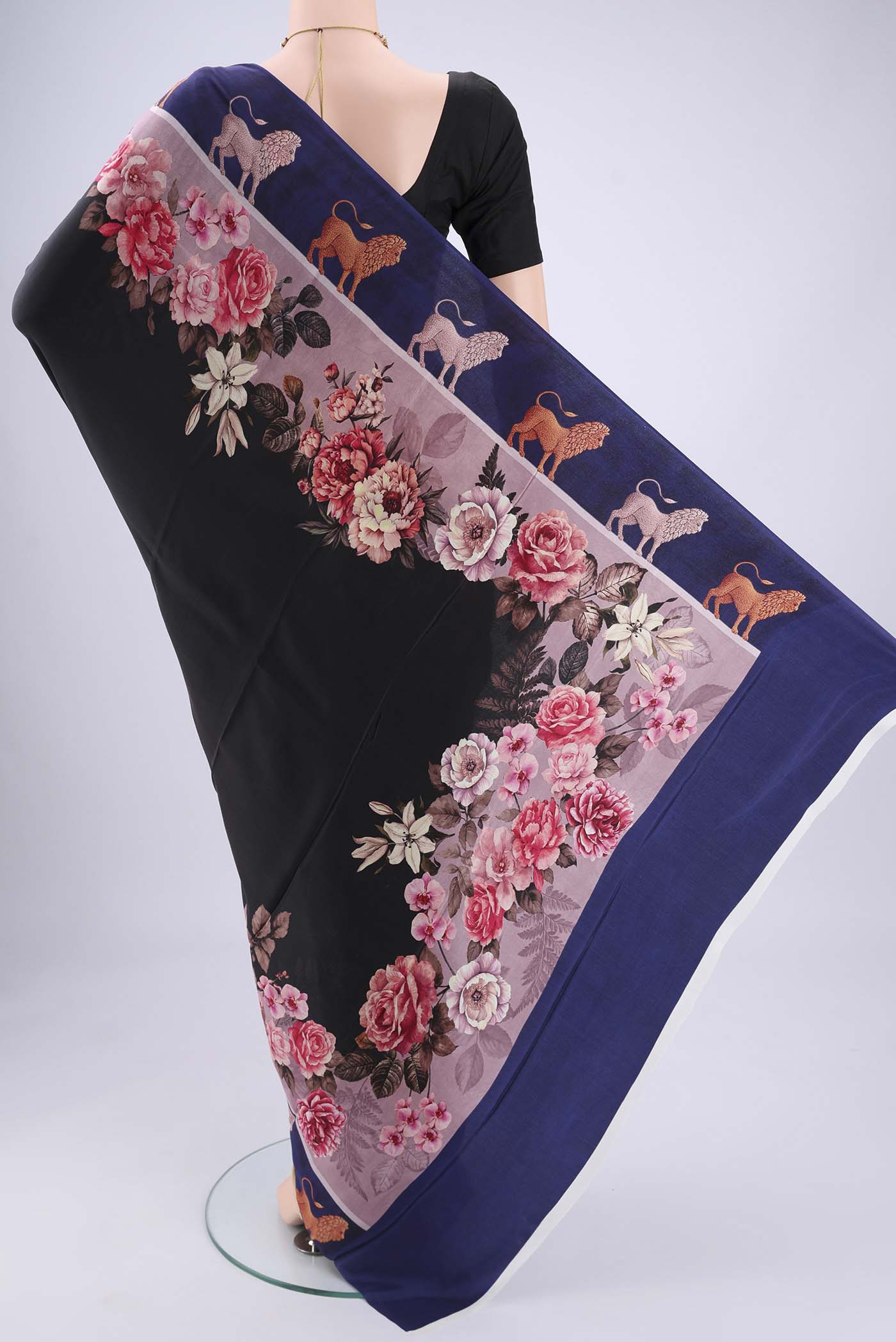 Flat view of Black Mysore Crepe Saree with Floral Print on the body and Zari Border. 