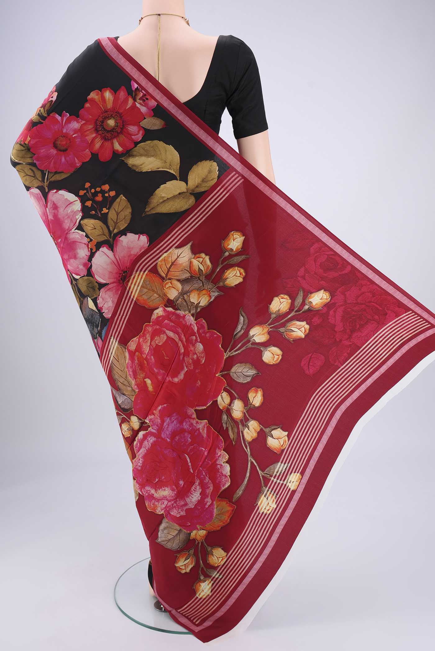 Flat view of Black Mysore Crepe Saree with Floral Print on the body and Zari Border. 