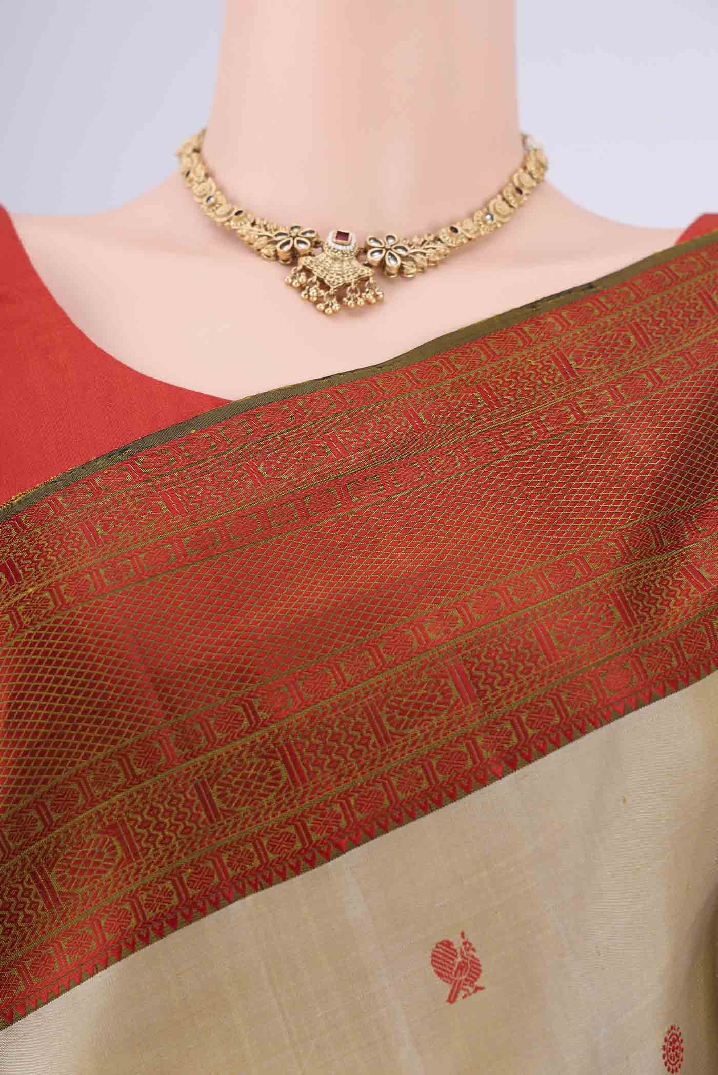 Border image of Dark Beige Dual Tone Kanchipuram Saree with Thread Butta on the body and Thread Border. 