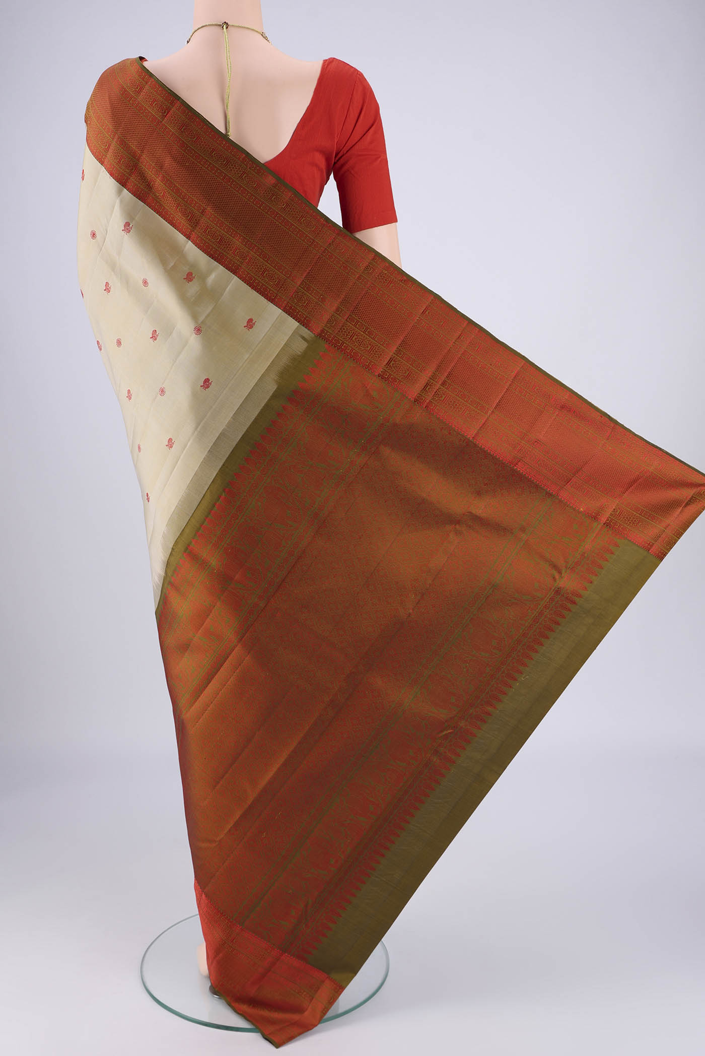 Flat view of Dark Beige Dual Tone Kanchipuram Saree with Thread Butta on the body and Thread Border. 