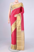 Rani Pink Kanchipuram Silk Saree with Checked design on the body and Zari Border.  displayed on a mannequin