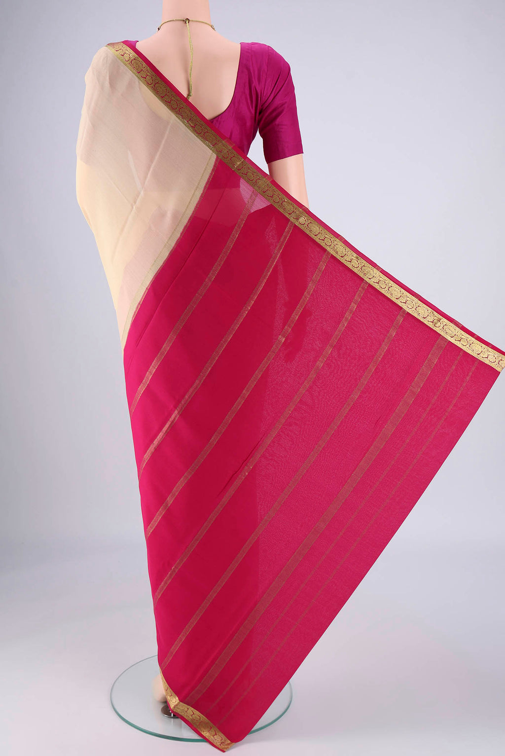 Flat view of Beige Mysore Georgette Saree with Plain Body and Zari Border. 