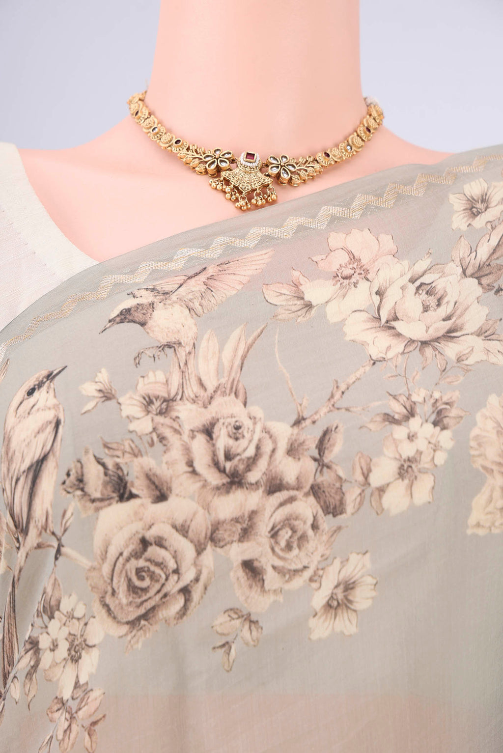 Border image of Davys Grey Chanderi Silk Cotton Saree with Floral Print on the body and Zari Border. 