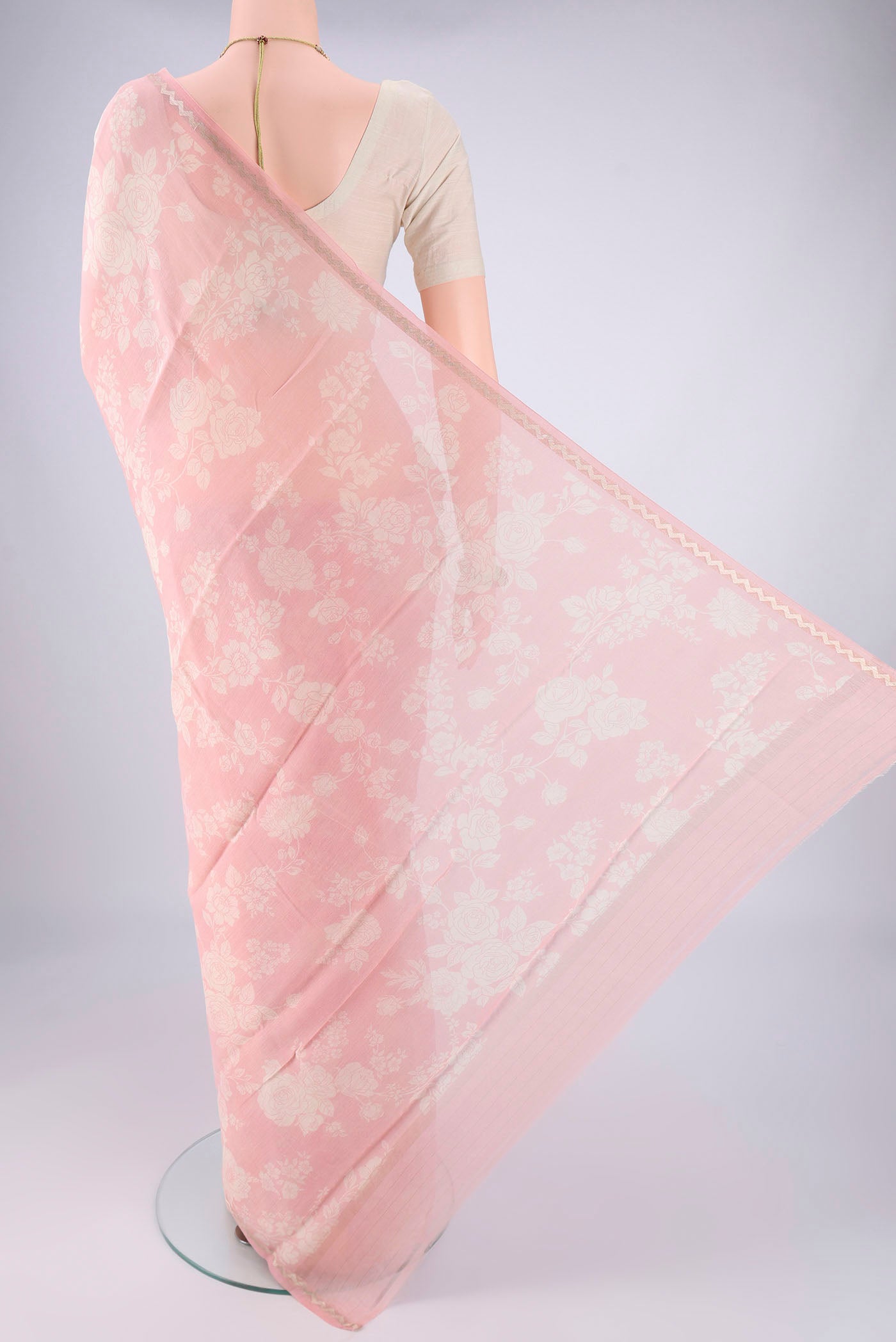 Flat view of Rose pink Chanderi Silk Cotton Saree with Floral Print on the body and Zari Border. 