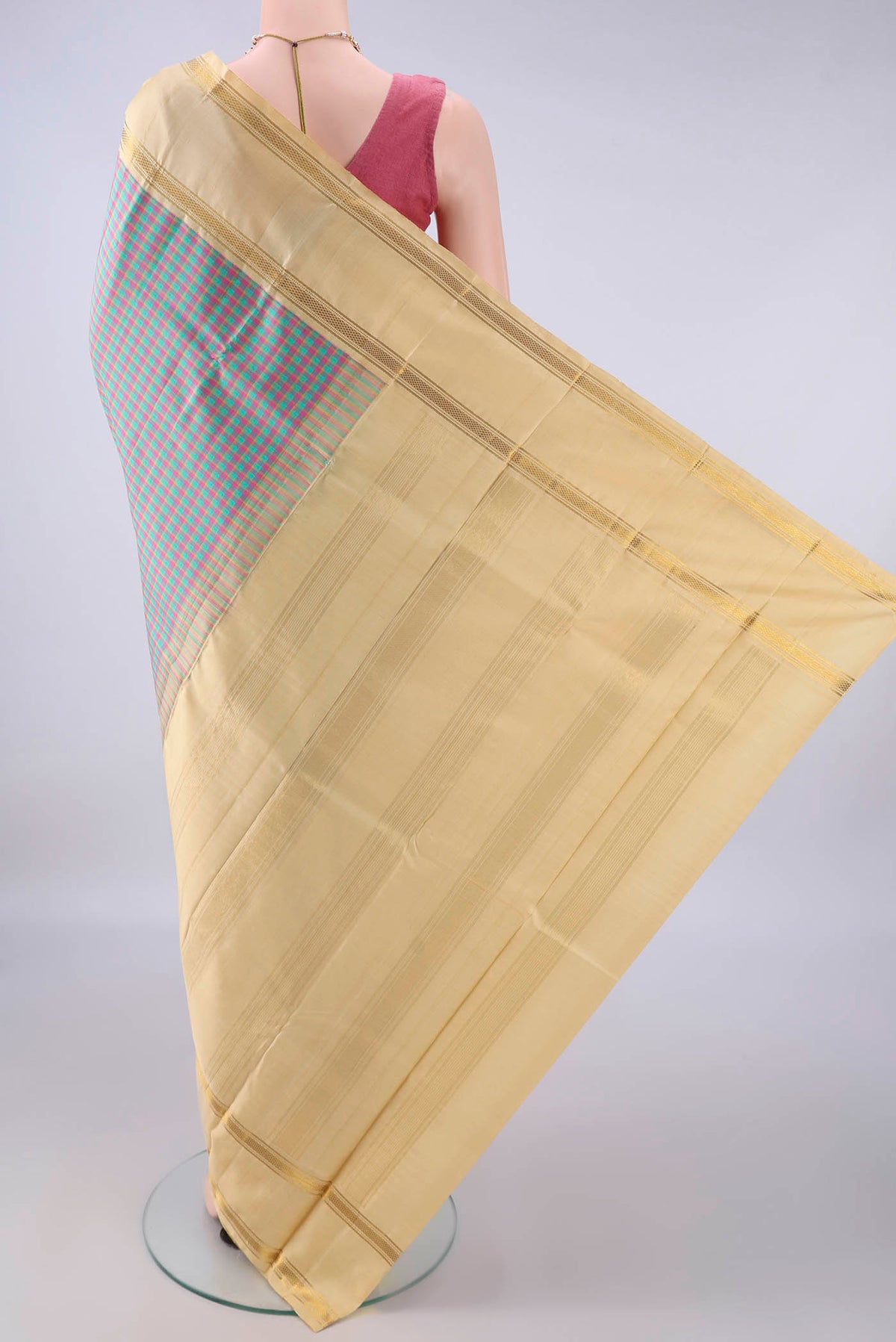 Flat view of Pure Silk Multi Color Kanjivaram Saree with Checked design on the body and Zari Border. 