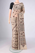 Beige Tussar Silk Saree with Kantha Work on the body and Thread Border.  displayed on a mannequin