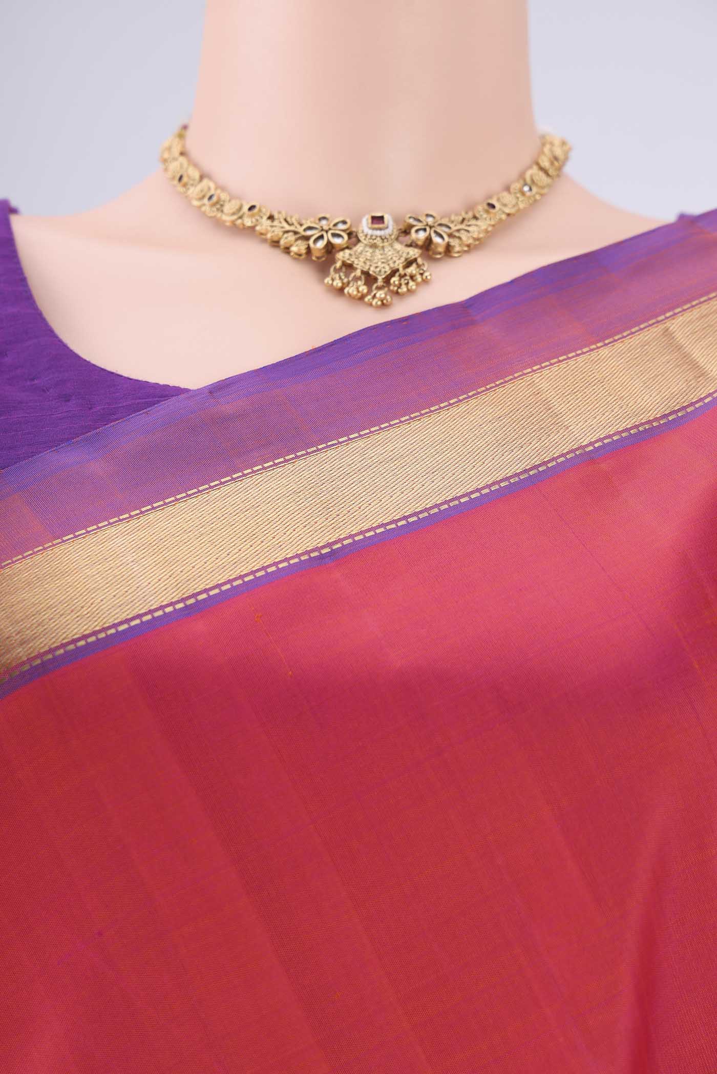 Border image of Rani Pink Nangavalli Silk [ Salem ] Saree with Plain Body and Zari Border. 