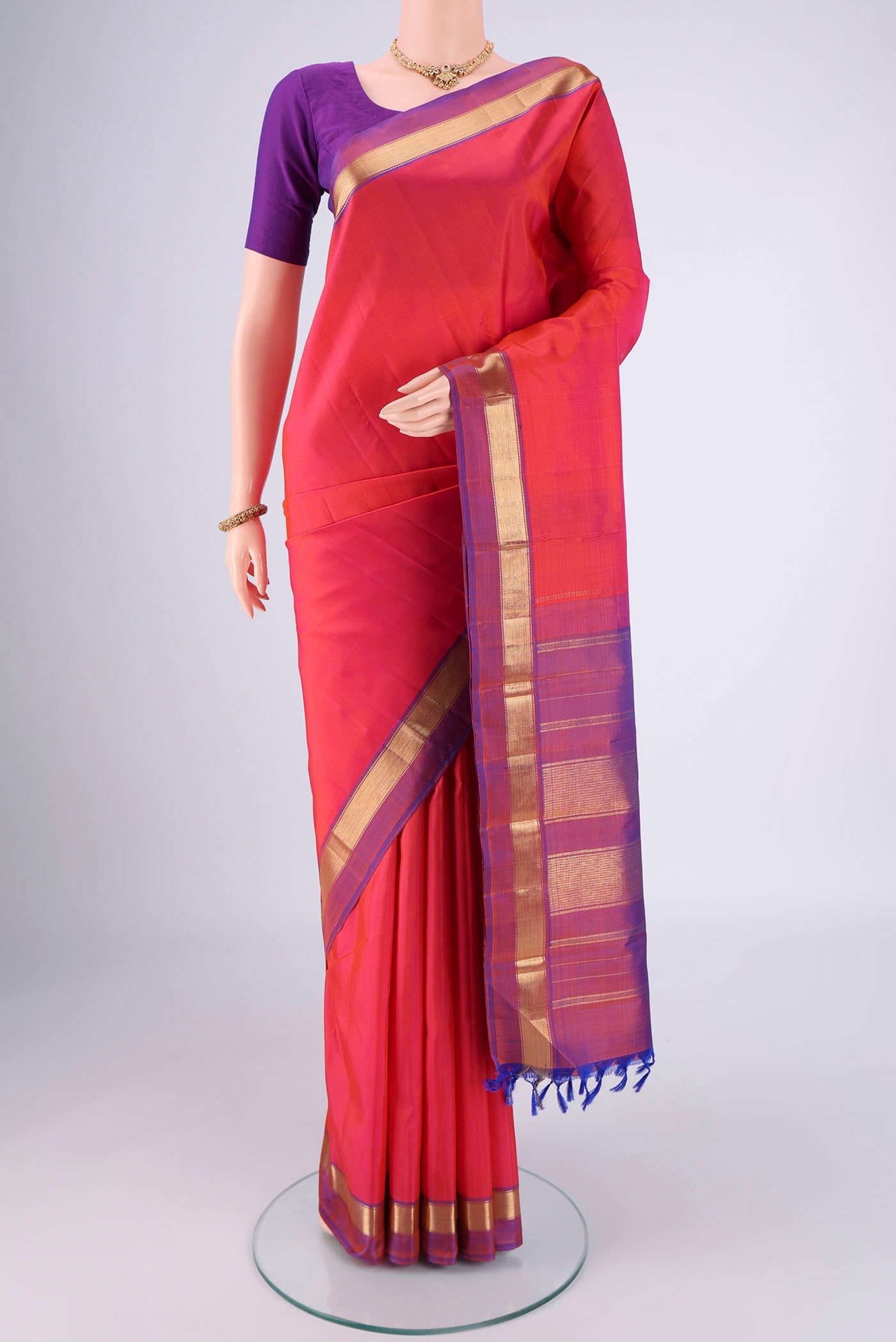 Rani Pink Nangavalli Silk [ Salem ] Saree with Plain Body and Zari Border.  displayed on a mannequin
