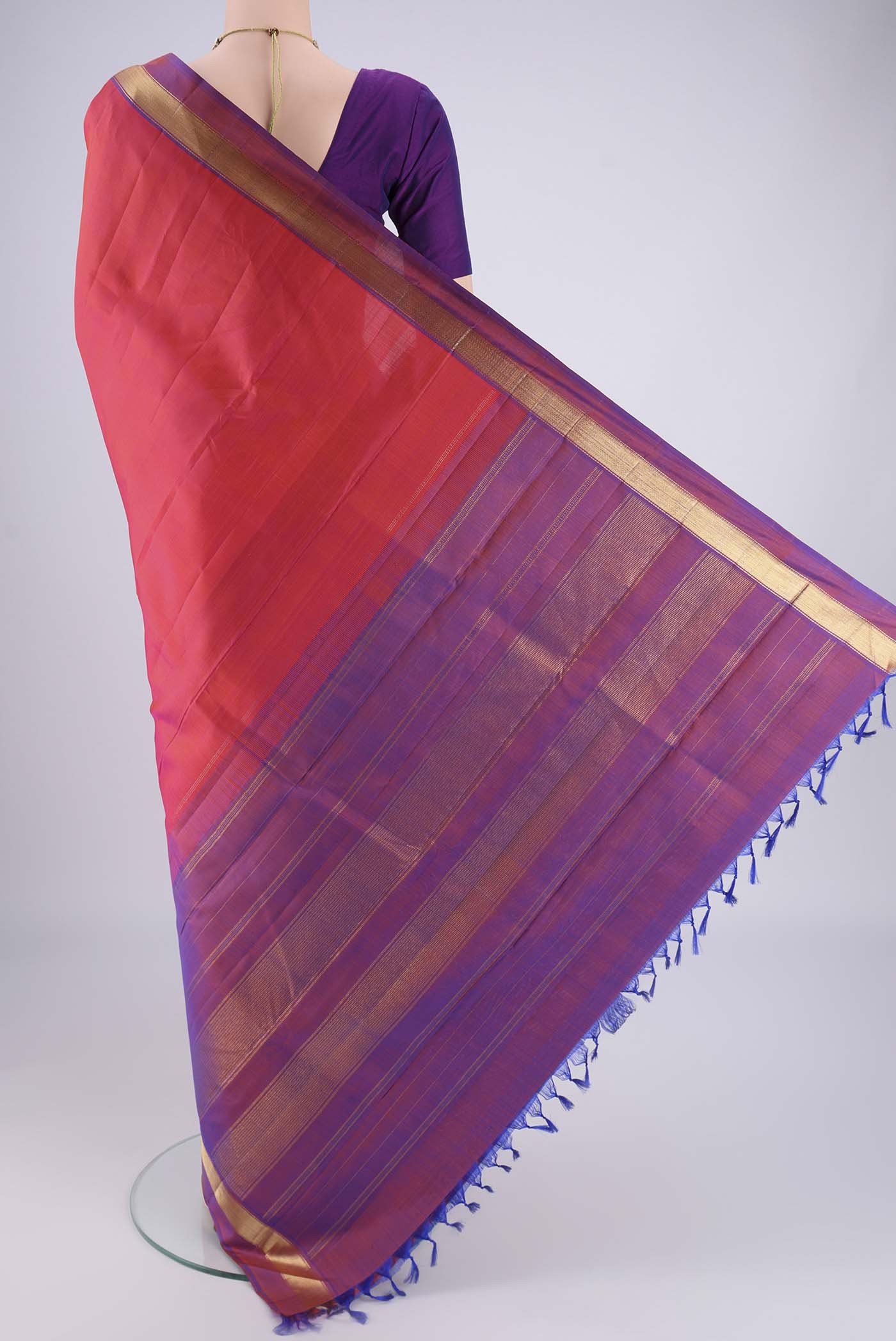 Flat view of Rani Pink Nangavalli Silk [ Salem ] Saree with Plain Body and Zari Border. 