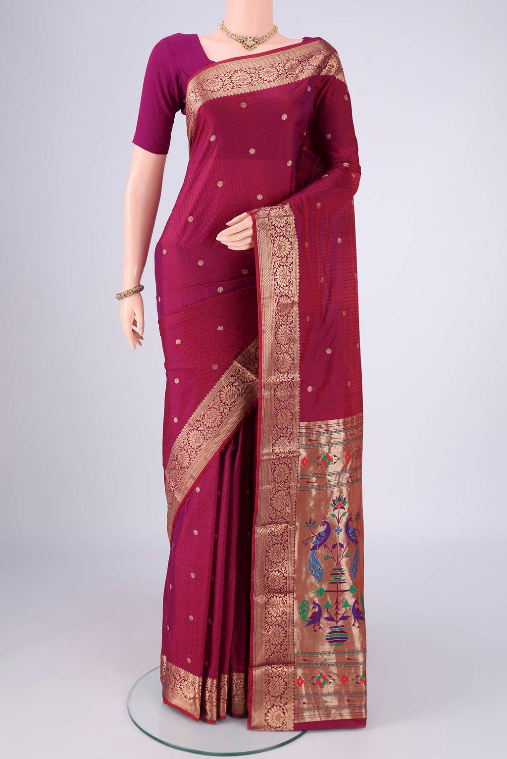 Magenta Dual Tone Blended Bangalore Silk Saree with Jacquard With Zari Butta on the body and Zari Border.  displayed on a mannequin