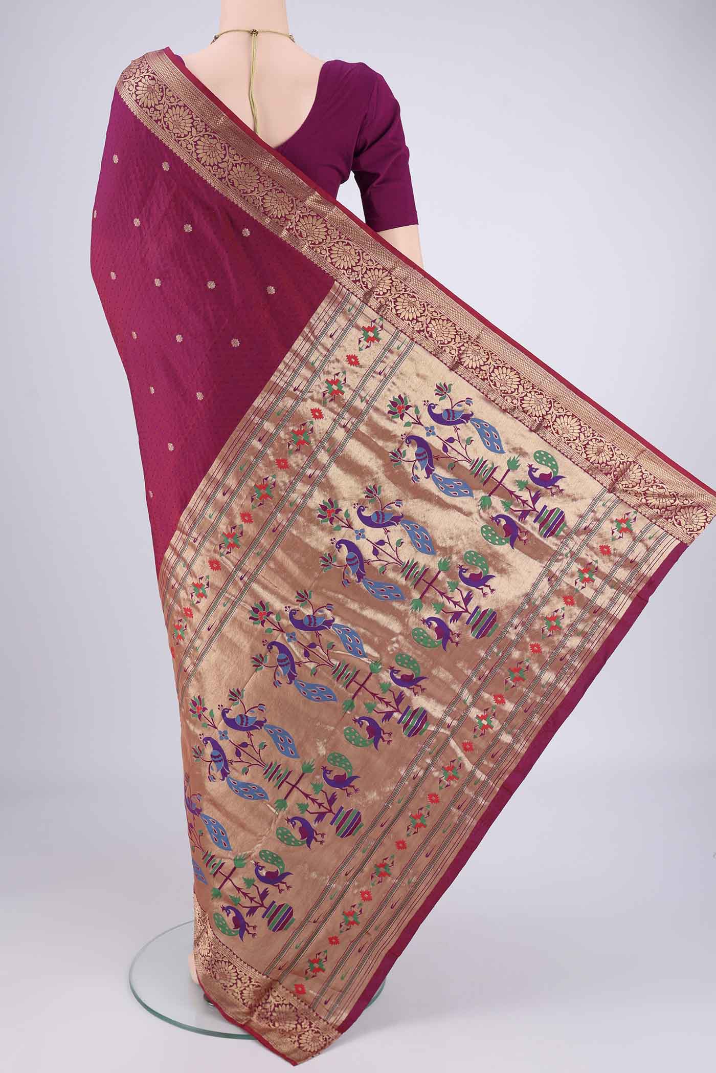 Flat view of Magenta Dual Tone Blended Bangalore Silk Saree with Jacquard With Zari Butta on the body and Zari Border. 