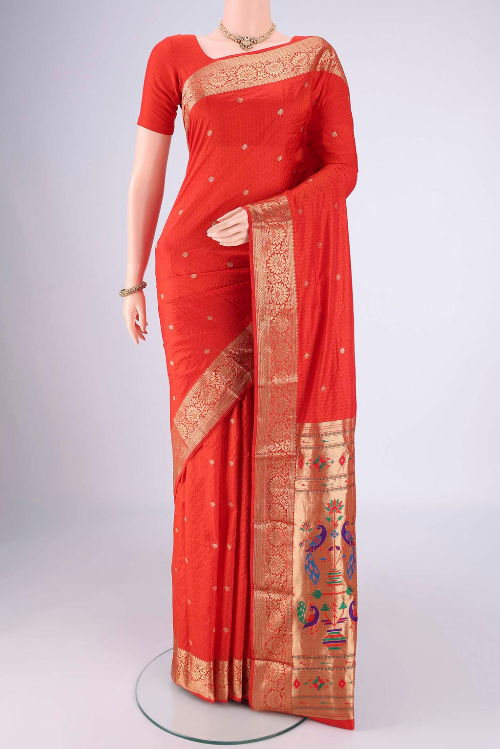 Imperial Red Dual Tone Blended Bangalore Silk Saree with Jacquard With Zari Butta on the body and Zari Border.  displayed on a mannequin
