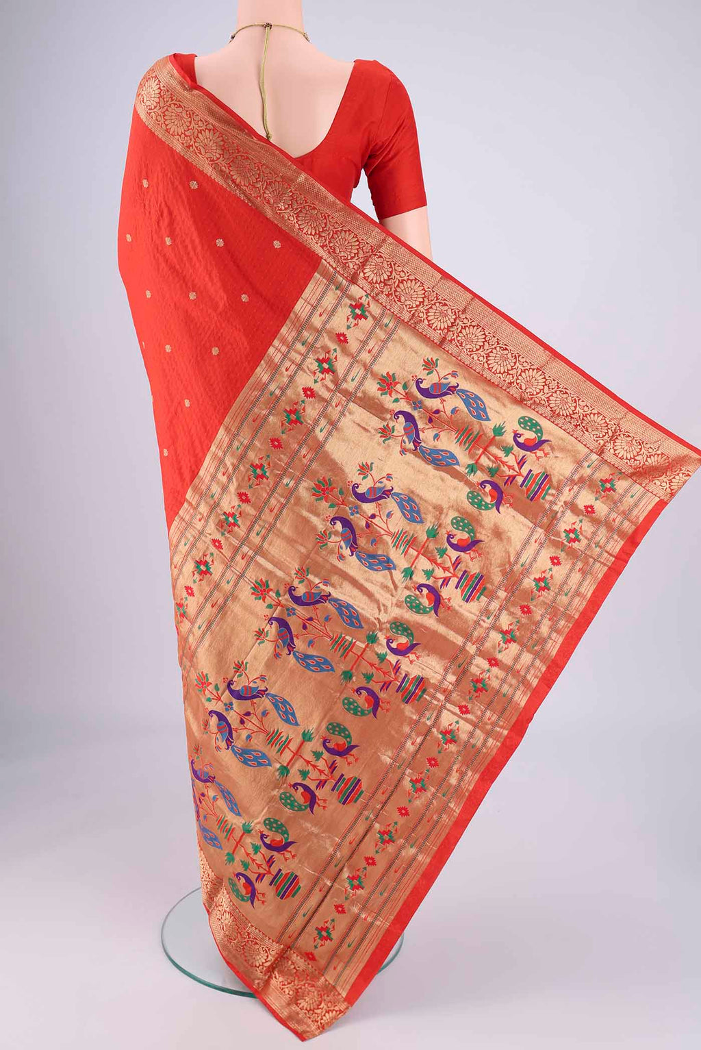 Flat view of Imperial Red Dual Tone Blended Bangalore Silk Saree with Jacquard With Zari Butta on the body and Zari Border. 