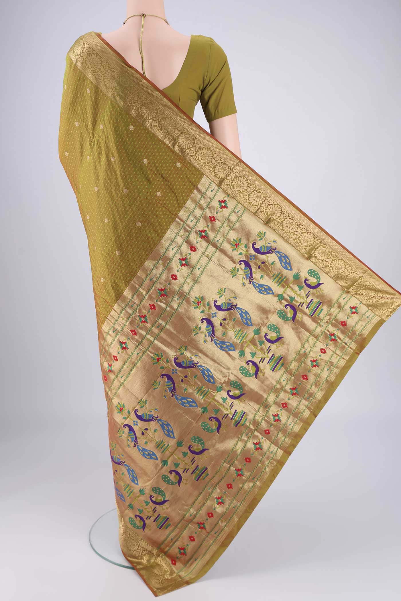 Flat view of Light Green Dual Tone Blended Bangalore Silk Saree with Jacquard With Zari Butta on the body and Zari Border. 