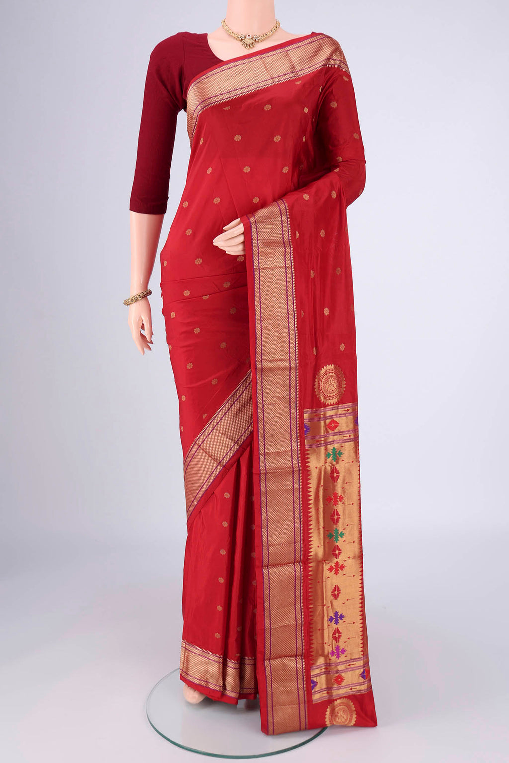 Red Dual Tone Blended Bangalore Silk Saree with Zari Butta on the body and Zari Border.  displayed on a mannequin