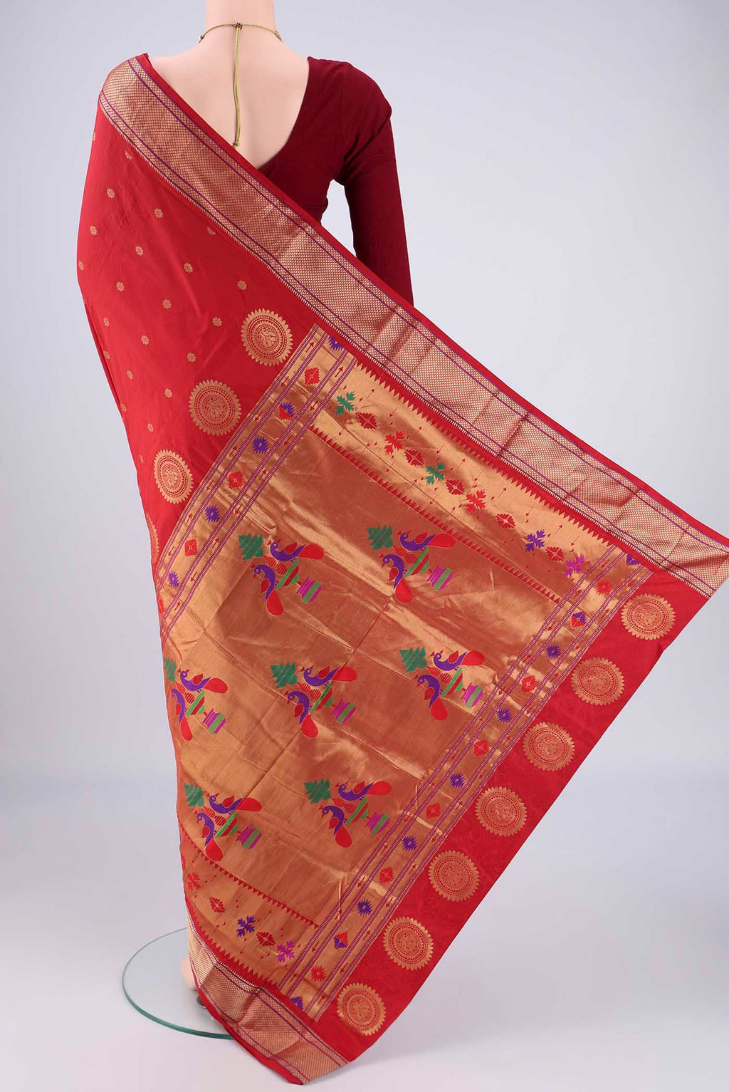 Flat view of Red Dual Tone Blended Bangalore Silk Saree with Zari Butta on the body and Zari Border. 
