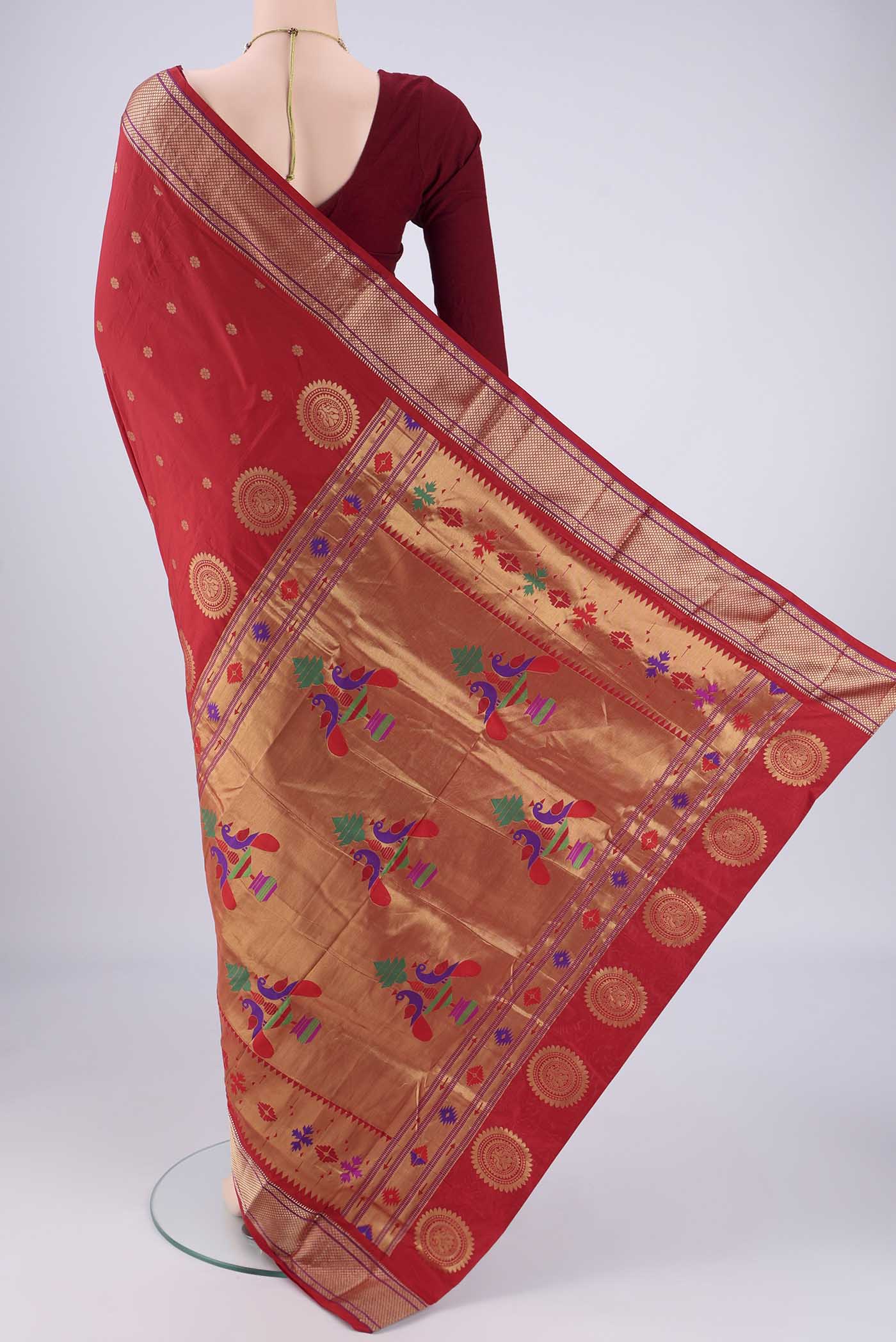 Flat view of Red Dual Tone Blended Bangalore Silk Saree with Zari Butta on the body and Zari Border. 