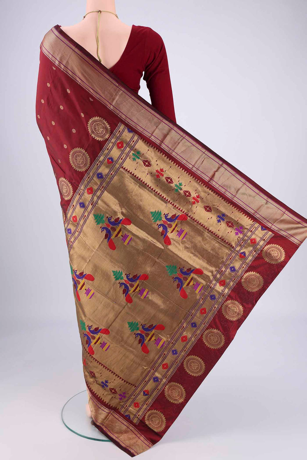 Flat view of Maroon Dual Tone Blended Bangalore Silk Saree with Zari Butta on the body and Zari Border. 