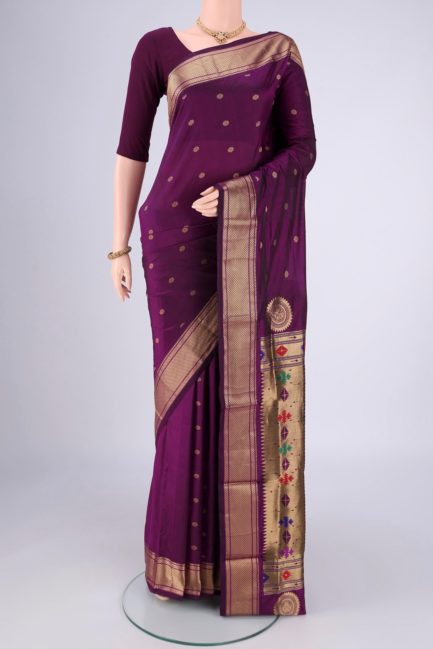 Purple Dual Tone Blended Bangalore Silk Saree with Zari Butta on the body and Zari Border.  displayed on a mannequin