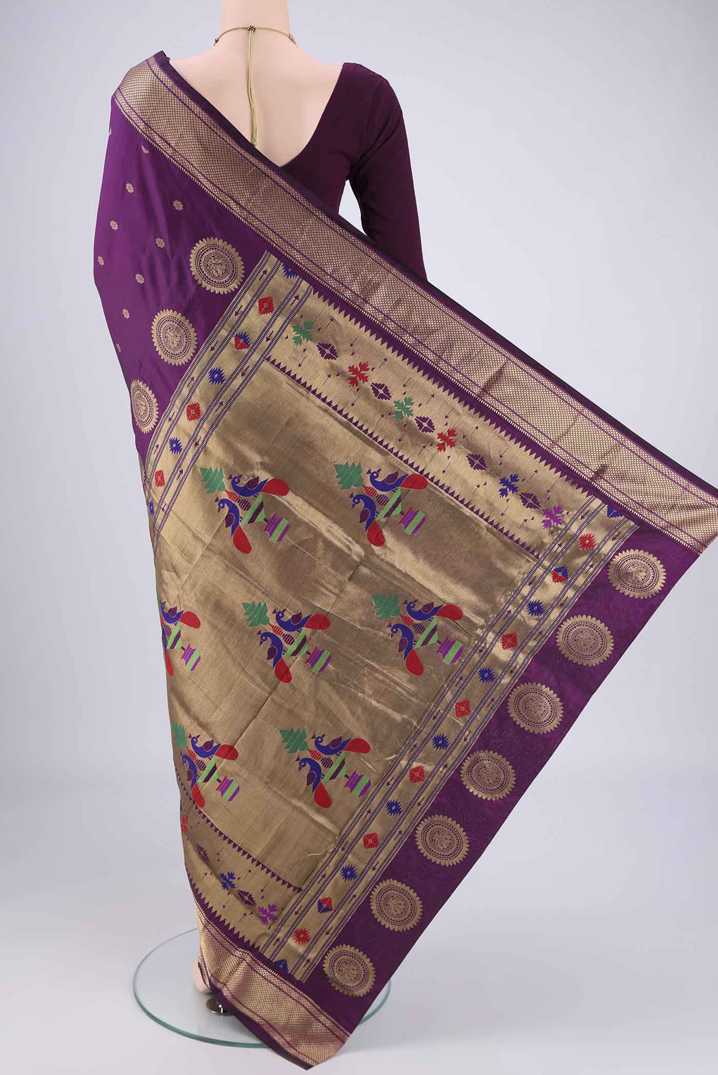 Flat view of Purple Dual Tone Blended Bangalore Silk Saree with Zari Butta on the body and Zari Border. 