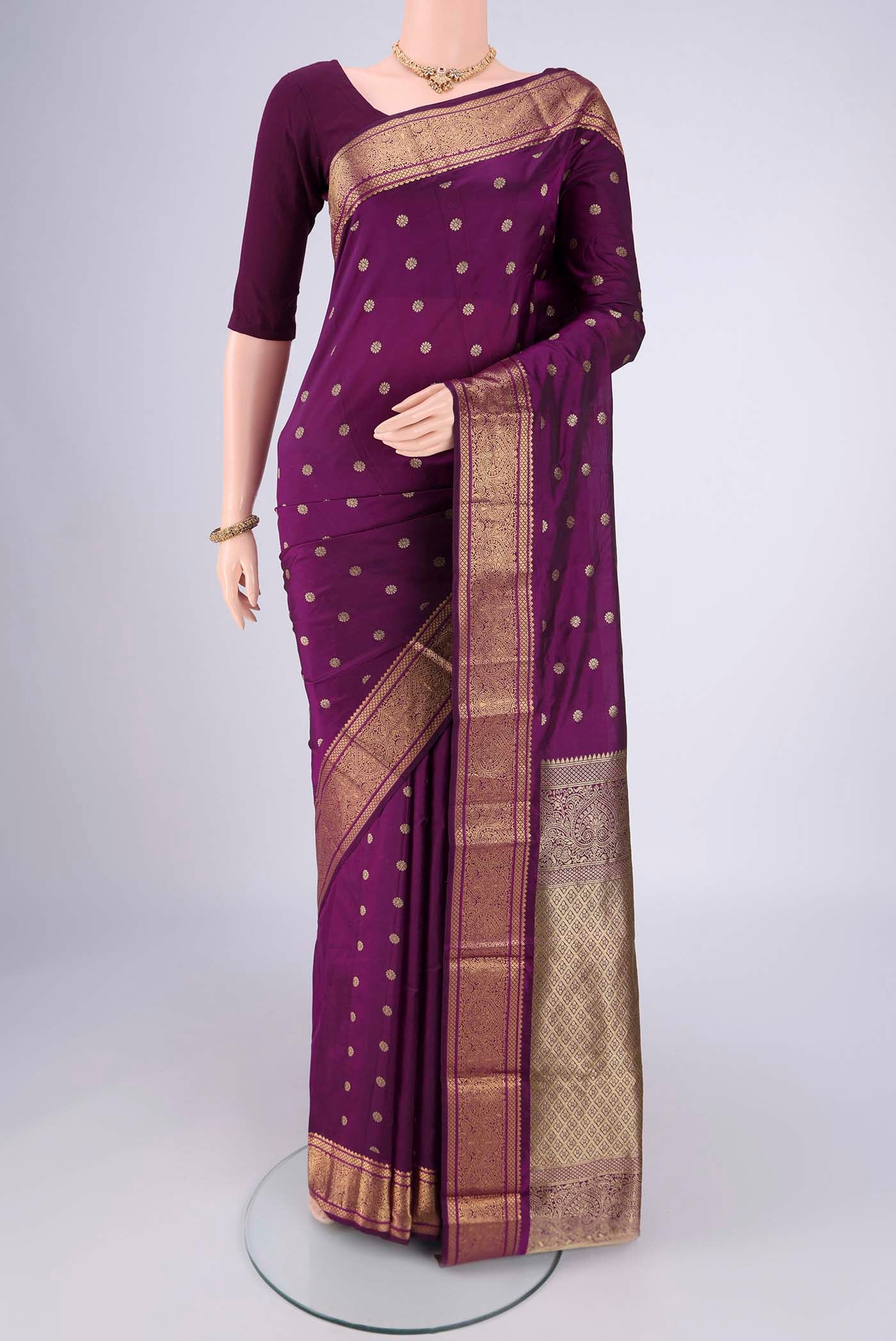 Purple Dual Tone Blended Bangalore Silk Saree with Zari Butta on the body and Zari Border.  displayed on a mannequin