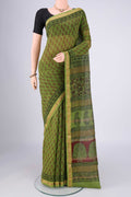 Mehandi Green Maheshwari Silk Cotton Saree with Printed design on the body and Zari Border.  displayed on a mannequin