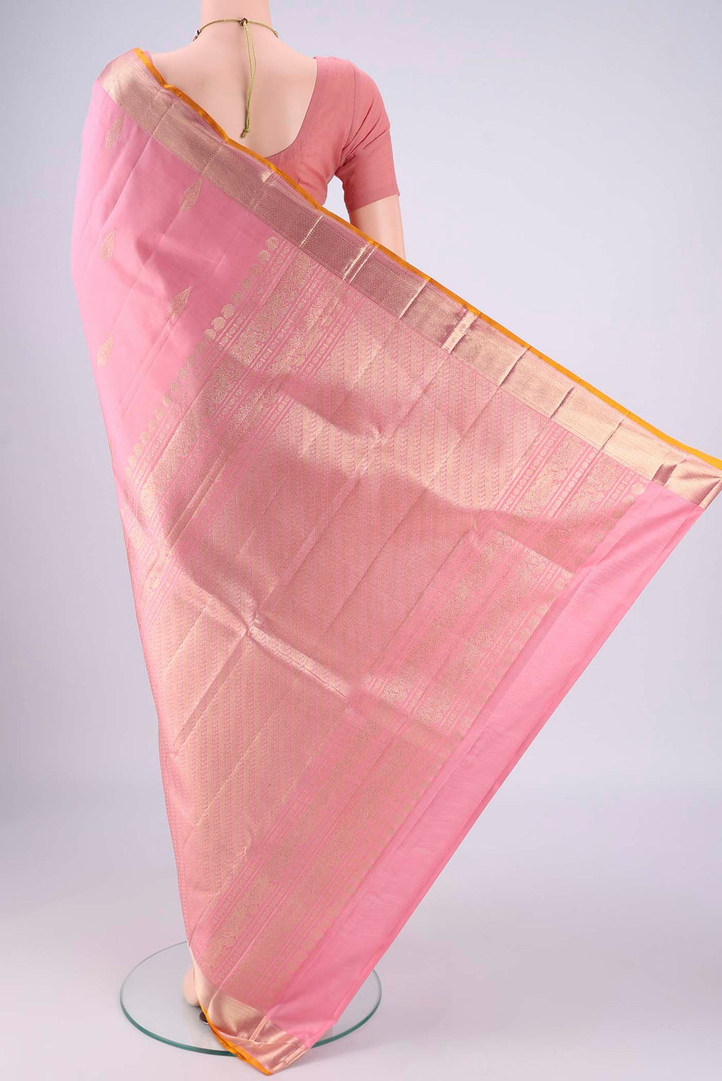 Flat view of Rose pink Nangavalli Silk [ Salem ] Saree with Zari Butta on the body and Zari Border. 