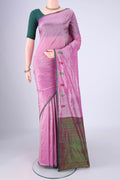 Lavender Kanchipuram Silk Saree with Plain Body and Thread Border.  displayed on a mannequin