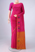 Rani Pink Kanchipuram Silk Saree with Plain Body and Thread Border.  displayed on a mannequin